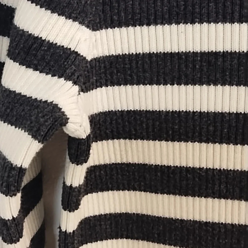 Lauren Ralph Lauren Rib Knit, Gold Button Shoulder, Gray & Cream Stripe Sweater - Picture 10 of 11